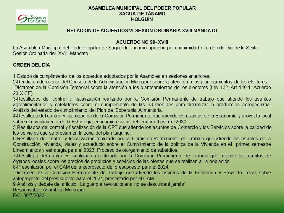 Acuerdos adoptados en la VI Sesión Ordinaria de la Asamblea Municipal del Poder Popular en Sagua de Tánamo.