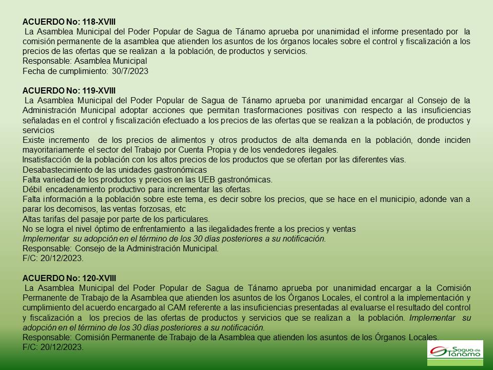 Acuerdos adoptados en la VI Sesión Ordinaria de la Asamblea Municipal del Poder Popular en Sagua de Tánamo.